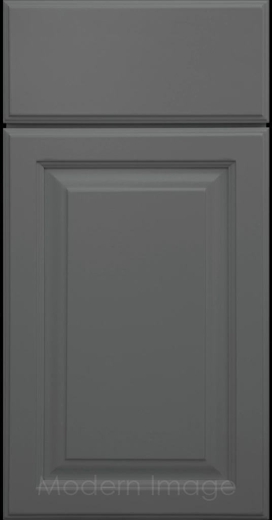 Hampton kitchen cabinets featuring raised panel doors and flat slab drawer fronts in a Gun Metal color.